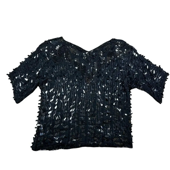 Vintage Lilli Diamond Black Sequin V Neck Silk Blouse Short Sleeve Size Medium - Picture 4 of 8